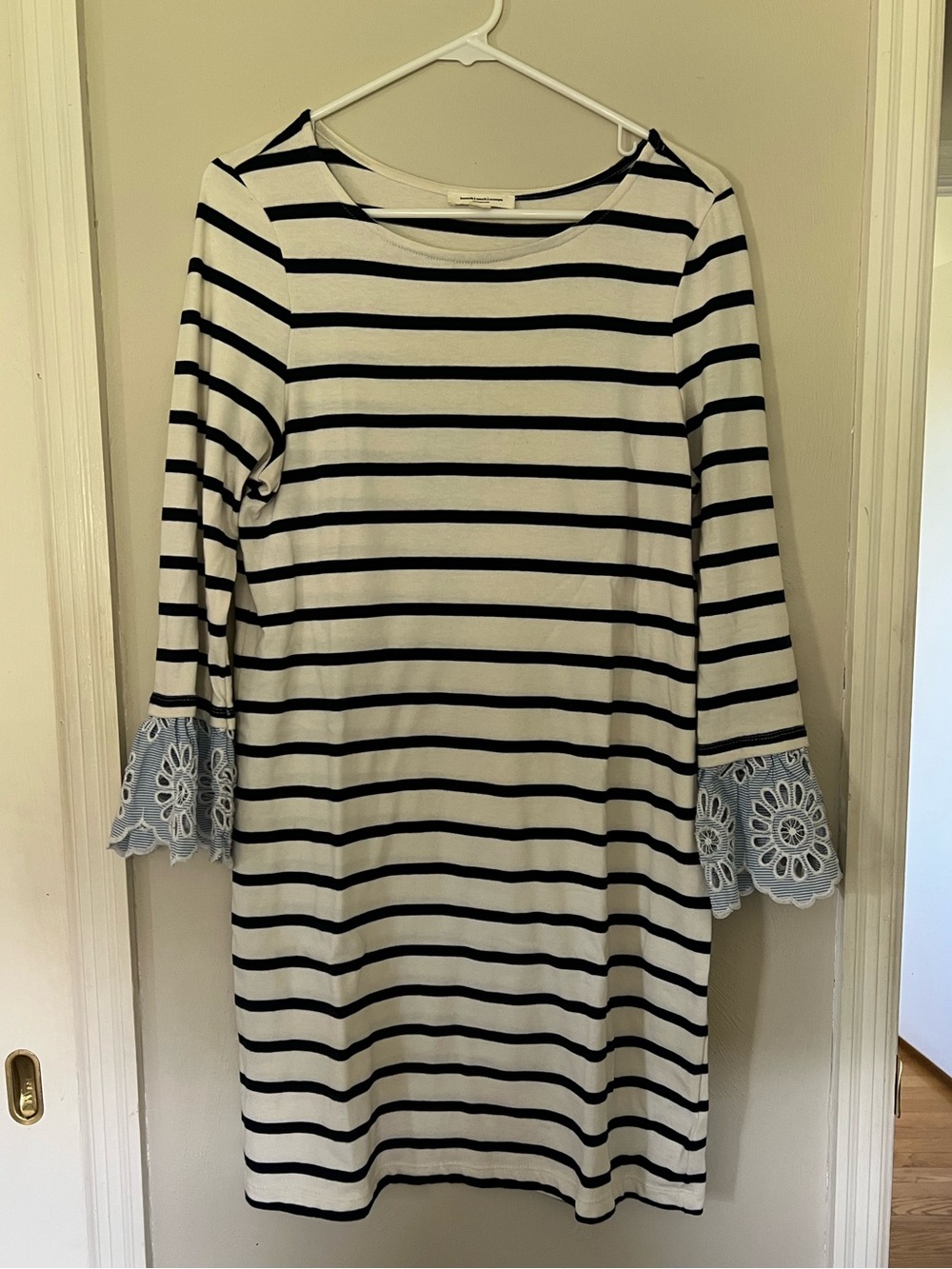 Striped Blue & White Boatneck Dress with Structured Lace Cuffs